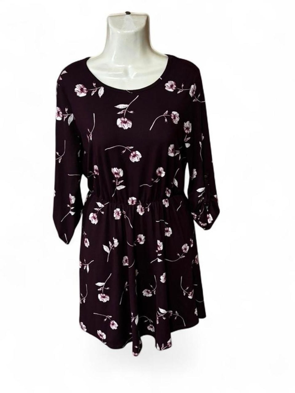 French Grey Burgundy Botanical Mini Dress Elastic Waist 3/4 Sleeve S